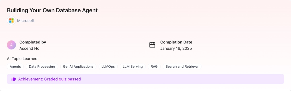 Building Your Own Database Agent 课程完成记录预览